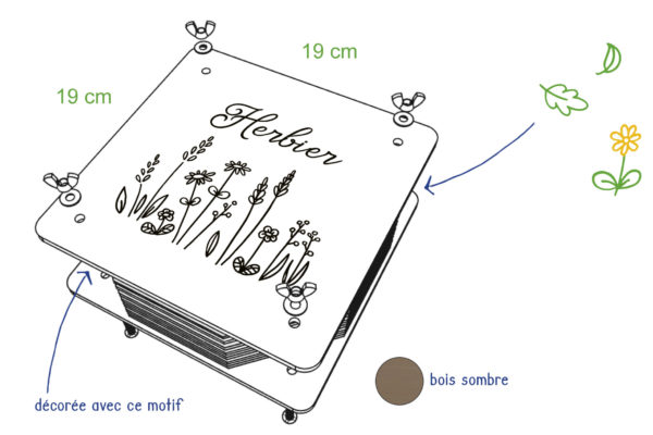 Presse à fleurs 19x19cm, motif "Herbier", bois sombre